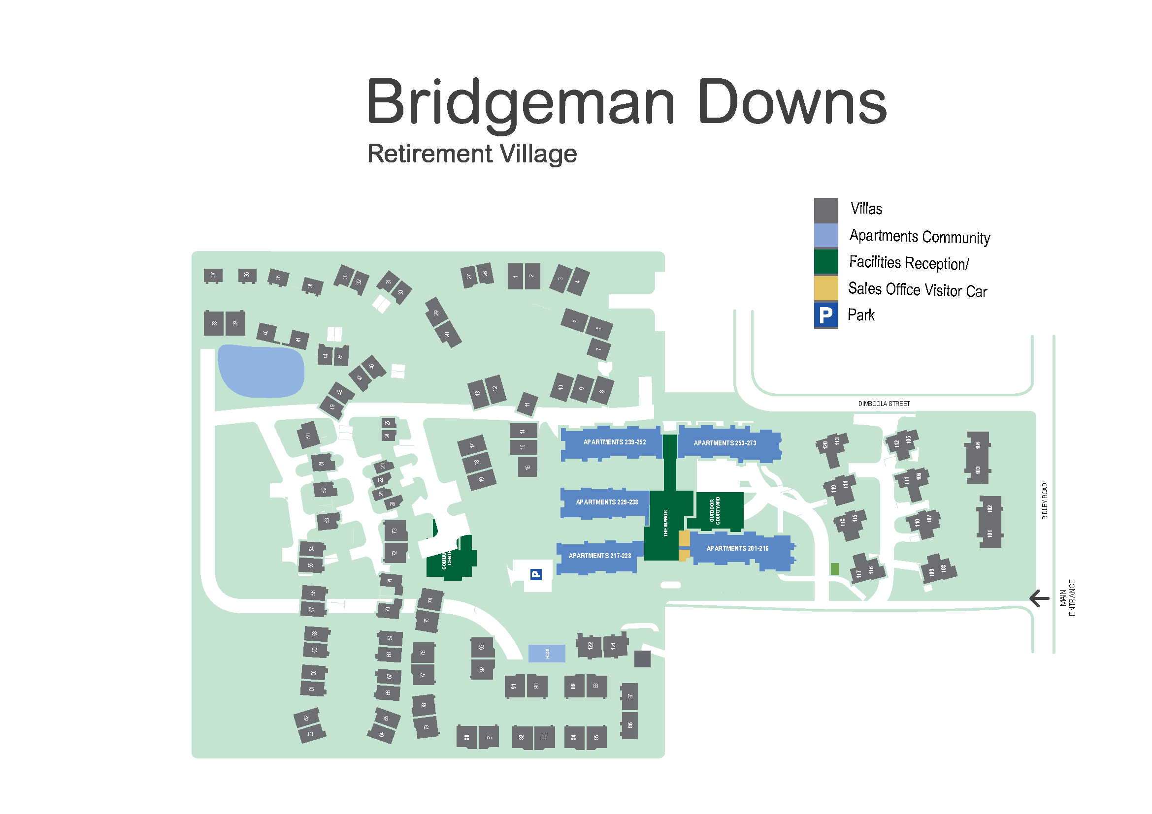 Bridgeman Downs Retirement Village map showing villas, apartments, facilities and parking